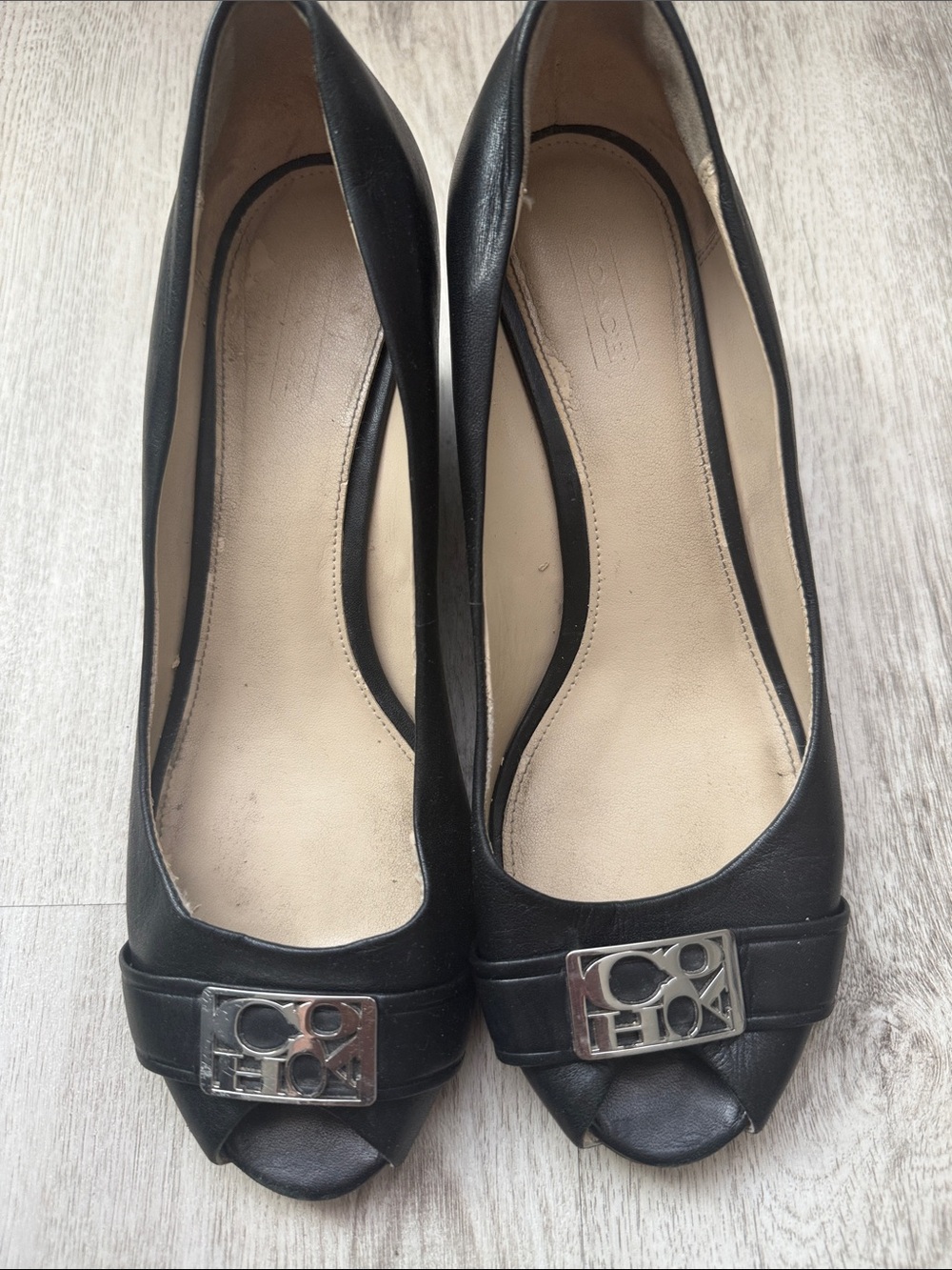 Coach Black Peep-Toe Wedge Pumps with Silver Logo Accent - Picture 2 of 7